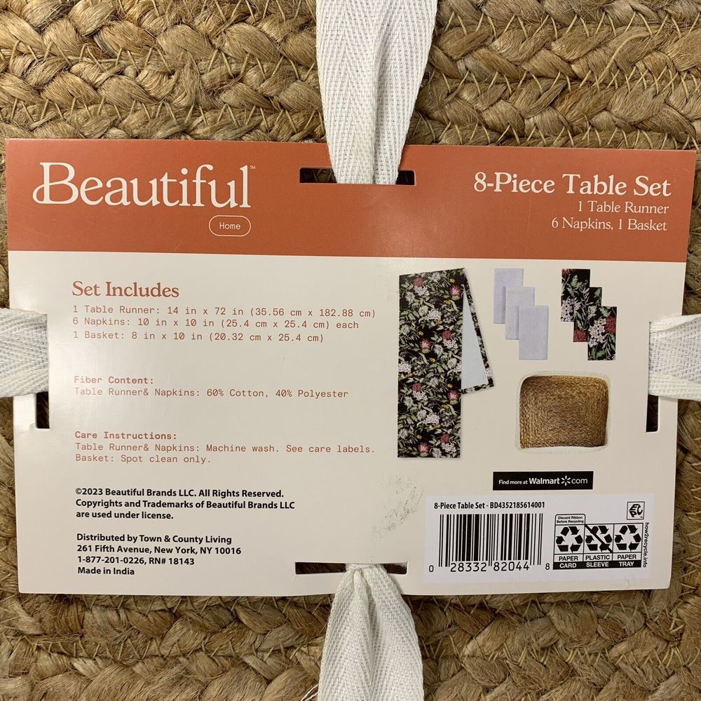 Drew Barrymore Table Runner 6 Napkins Basket Beautiful Gray + Floral 8-Piece Set - Picture 14 of 16